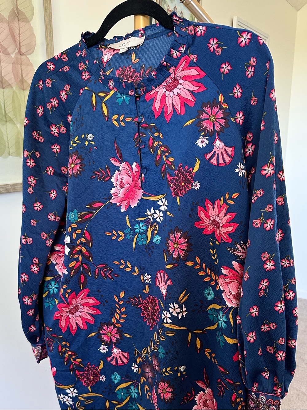 LOFT Navy Floral Ruffle-Neck Long Sleeve Dress - Size M